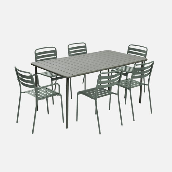Table de jardin métal + 2 fauteuil et 4 chaises, acier traitement anti rouille, 160 x 90 x h 72.5cm