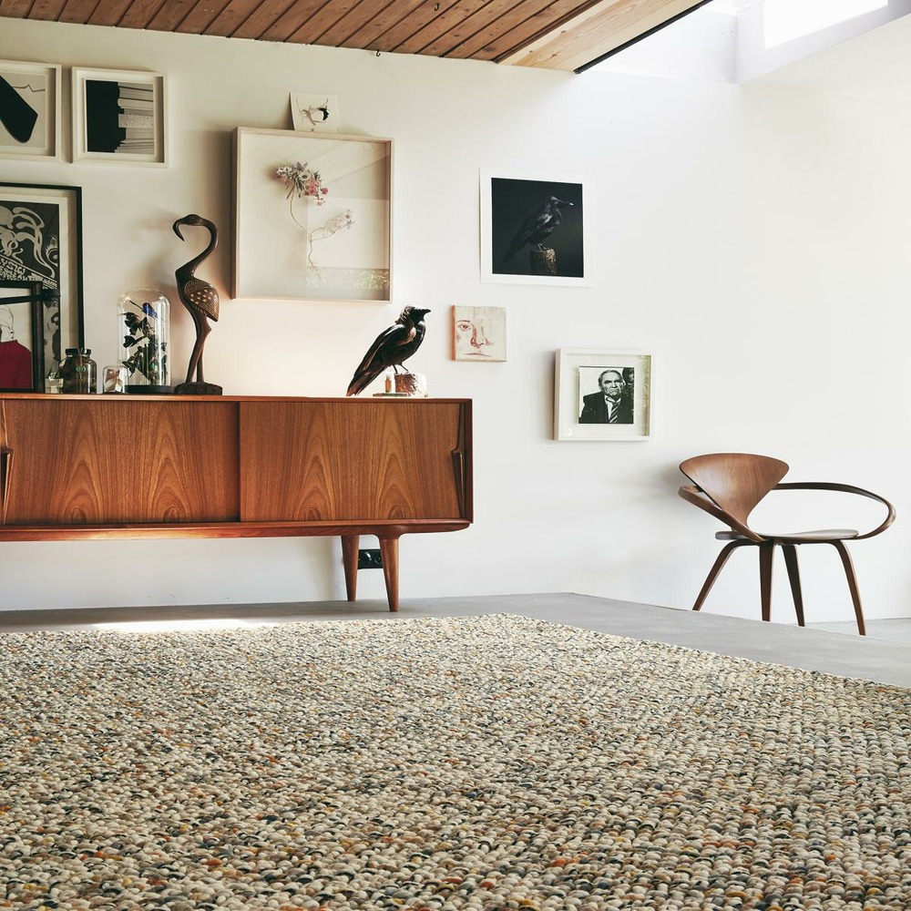 Tapis salle à manger 250x350 tissé en laine beige et orange motif faux uni