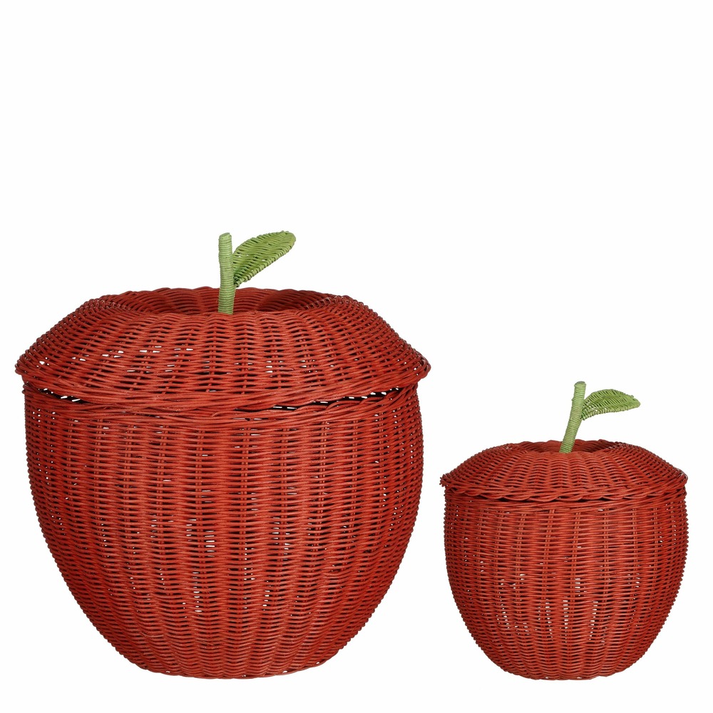 Mica decorations paniers de rangement avec couvercle - lot de 2 - h26 x ø30 cm - rotin - rouge