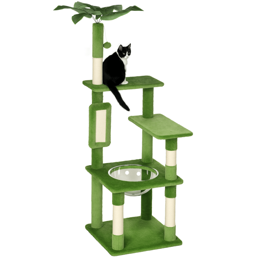 Arbre à chat multiniveaux bois peluche avec hamac grattoir sisal 49x49x142cm vert