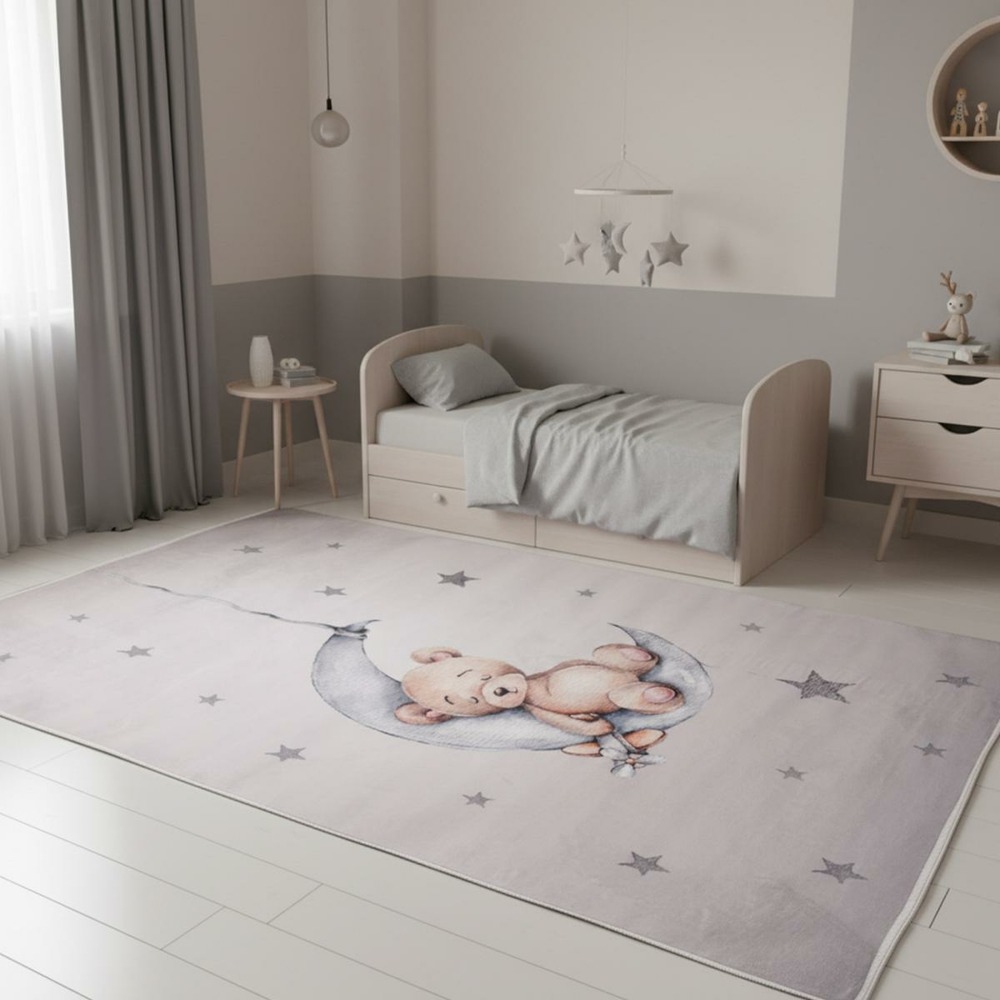Tapis enfant 80x150 bear gris, très doux et facile d'entretien