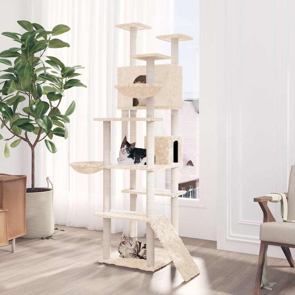 Grand arbre à chat multi-activités avec 2 niches et 2 paniers pour plusieurs chats 191 cm crème