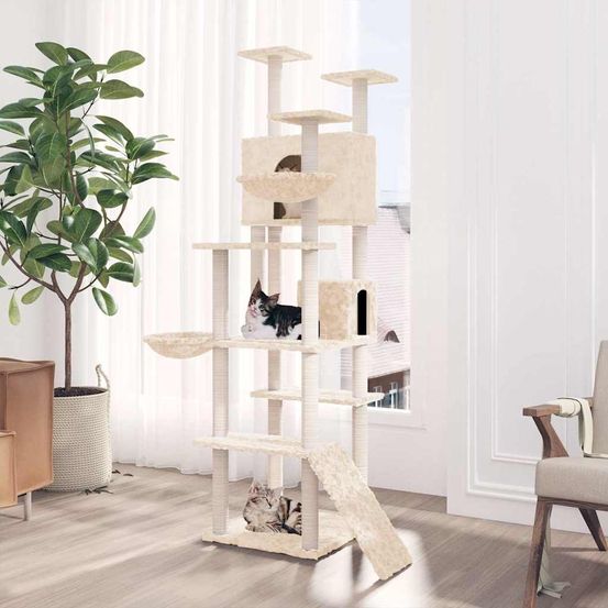 Grand arbre à chat multi-activités avec 2 niches et 2 paniers pour plusieurs chats 191 cm crème