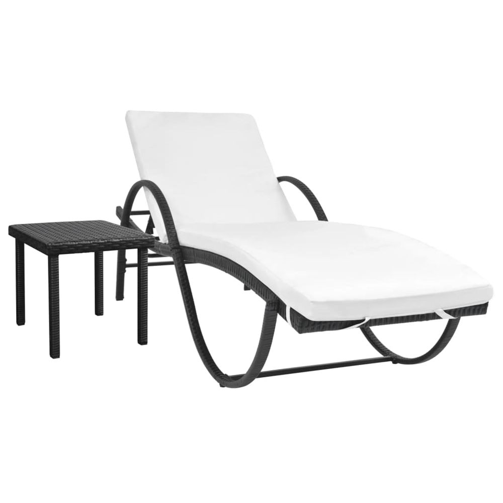 Chaise longue avec coussin et table résine tressée noir bain de soleil