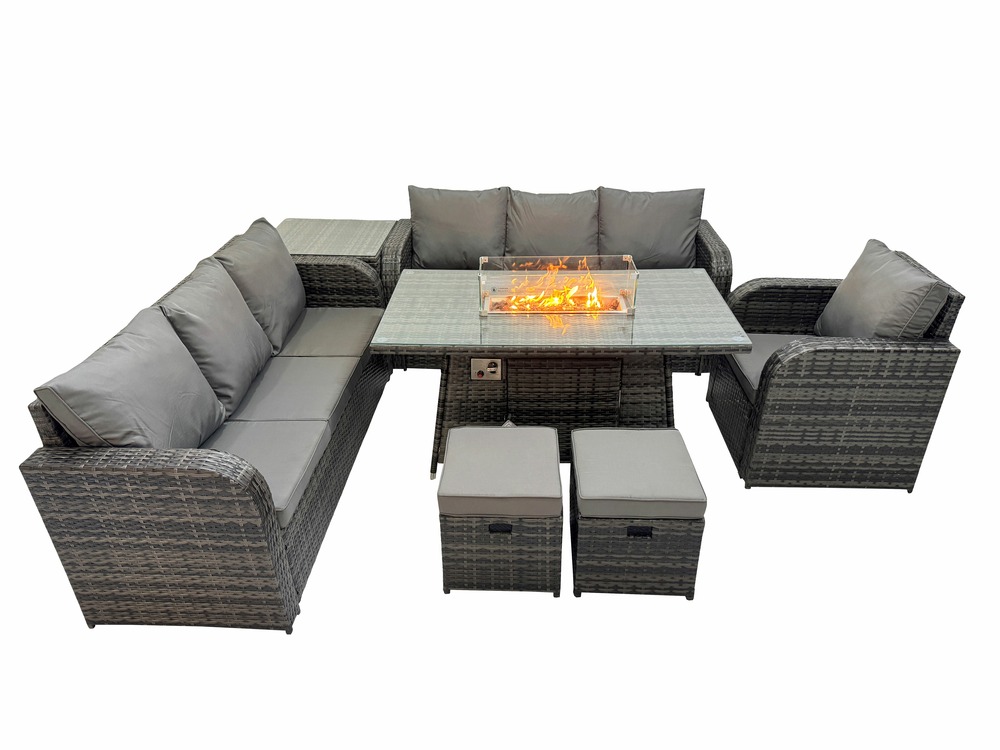 Ensemble repas de jardin exterieur table de foyer à gaz 3 places et avec table d'appoint 2 petits tabourets 9 places