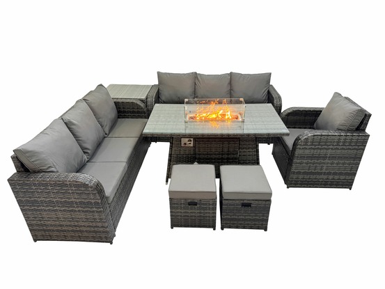 Ensemble repas de jardin exterieur table de foyer à gaz 3 places et avec table d'appoint 2 petits tabourets 9 places