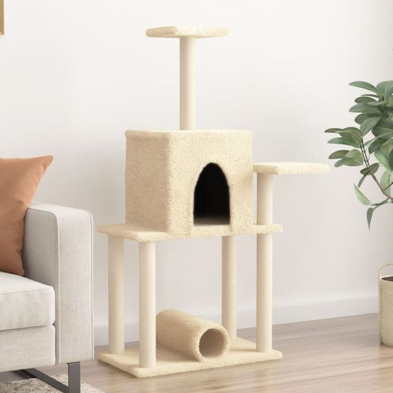 Arbre à chat tunnel sisal jeu griffoir crème 122cm pour chat joueur fun