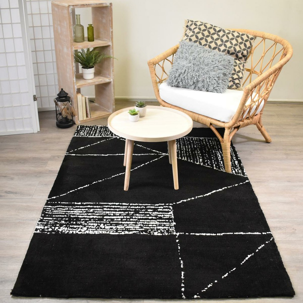 Tapis chambre 160x230 fait à la main noir et blanc rectangle motif géométrique