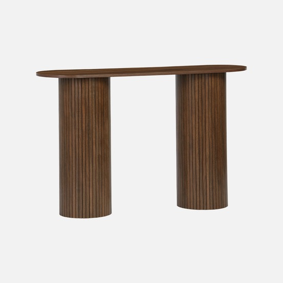 Console ovale scandinave décor bois rainuré, pieds ronds, l 120 x p 35 x h 75cm