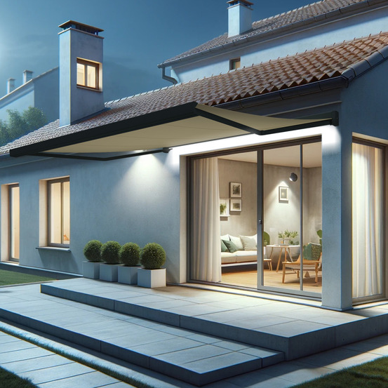 Store banne coffre intégral soa 4,10x3,50 m (motorisé secours à télécommande + led - gris anthracite stucturé ral7016st - écru)