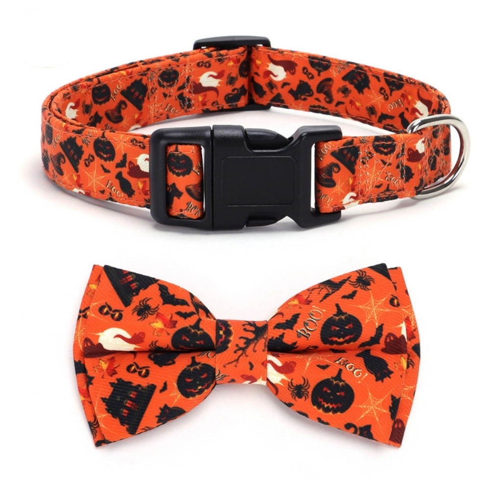Collier pour chien d'halloween avec motifs de citrouille, fantôme et chauve - souris taille s : 1,5*40cm couleur orange