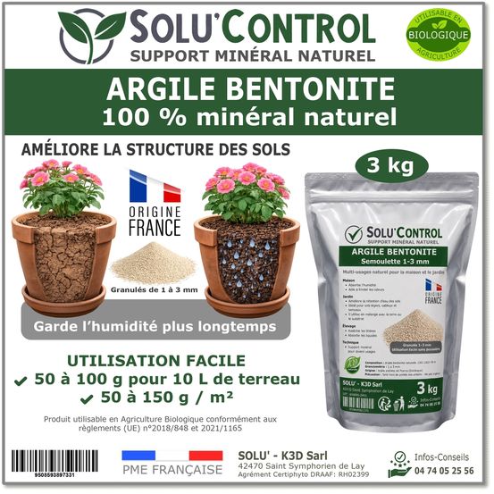 Solu'control argile bentonite naturelle 3 kg – support minéral jardin – améliore la rétention en eau des sols et terreaux