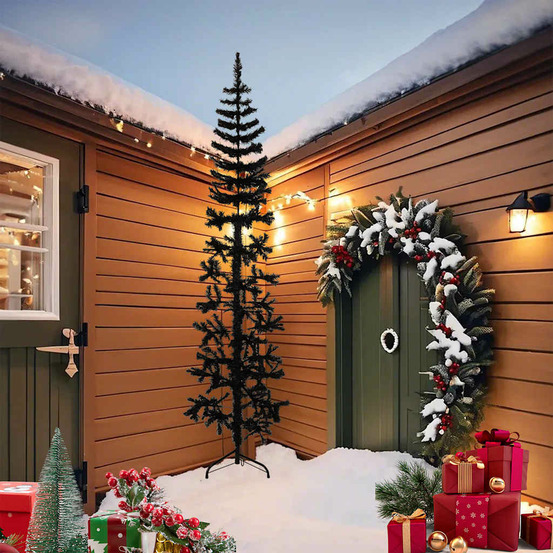 Demi sapin de noël artificiel mince avec support noir 240 cm