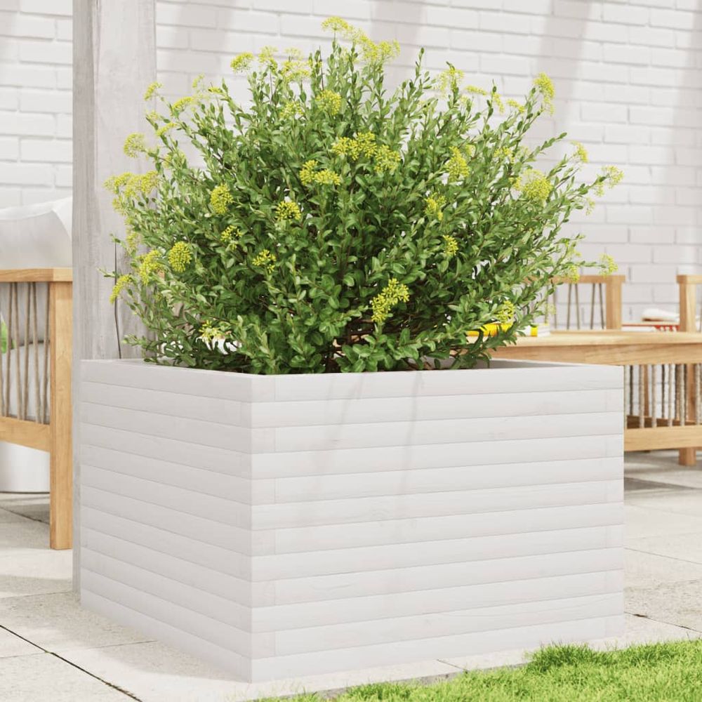 Très grande jardinière carrée 70cm en pin massif blanc pour terrasse
