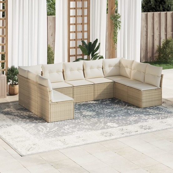 Salon de jardin avec coussins 9 pcs beige résine tressée