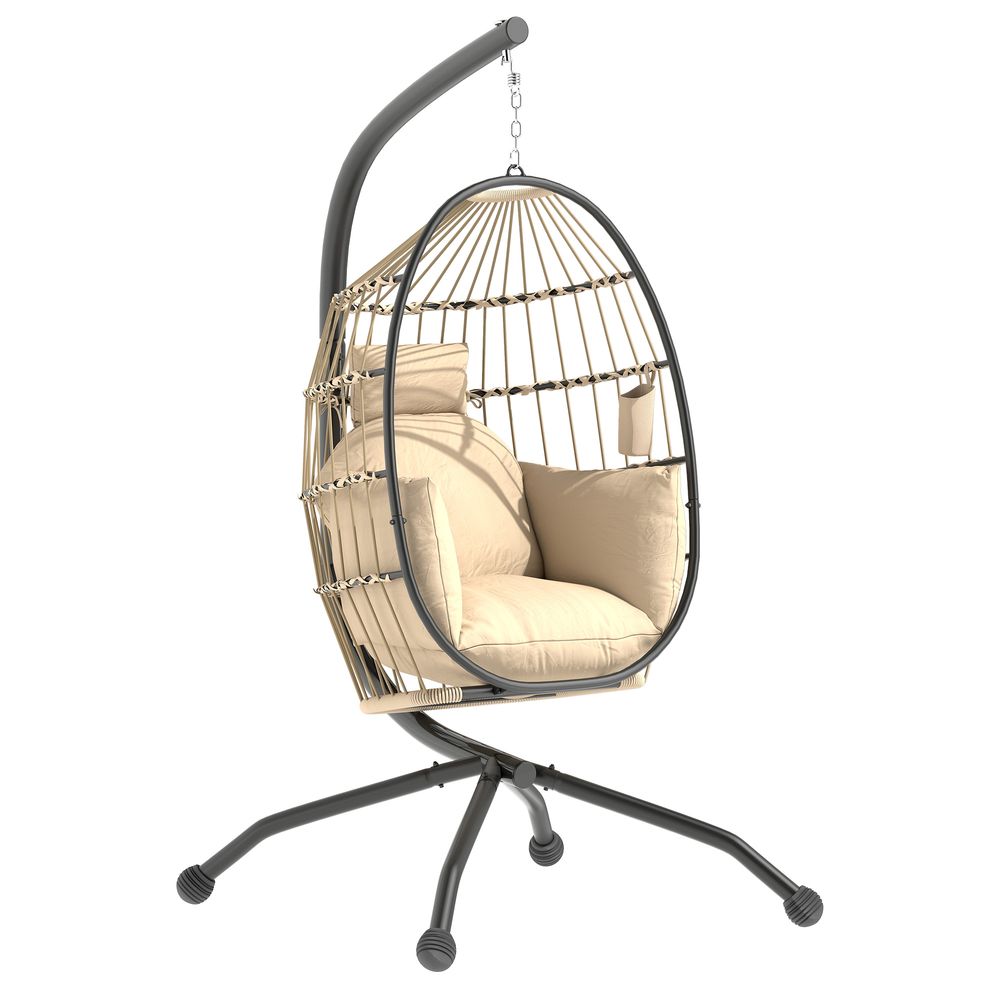 Fauteuil à bascule suspendu d’extérieur avec siège pliant en osier et coussins épais, pied, appuie-tête, porte-gobelet, kaki