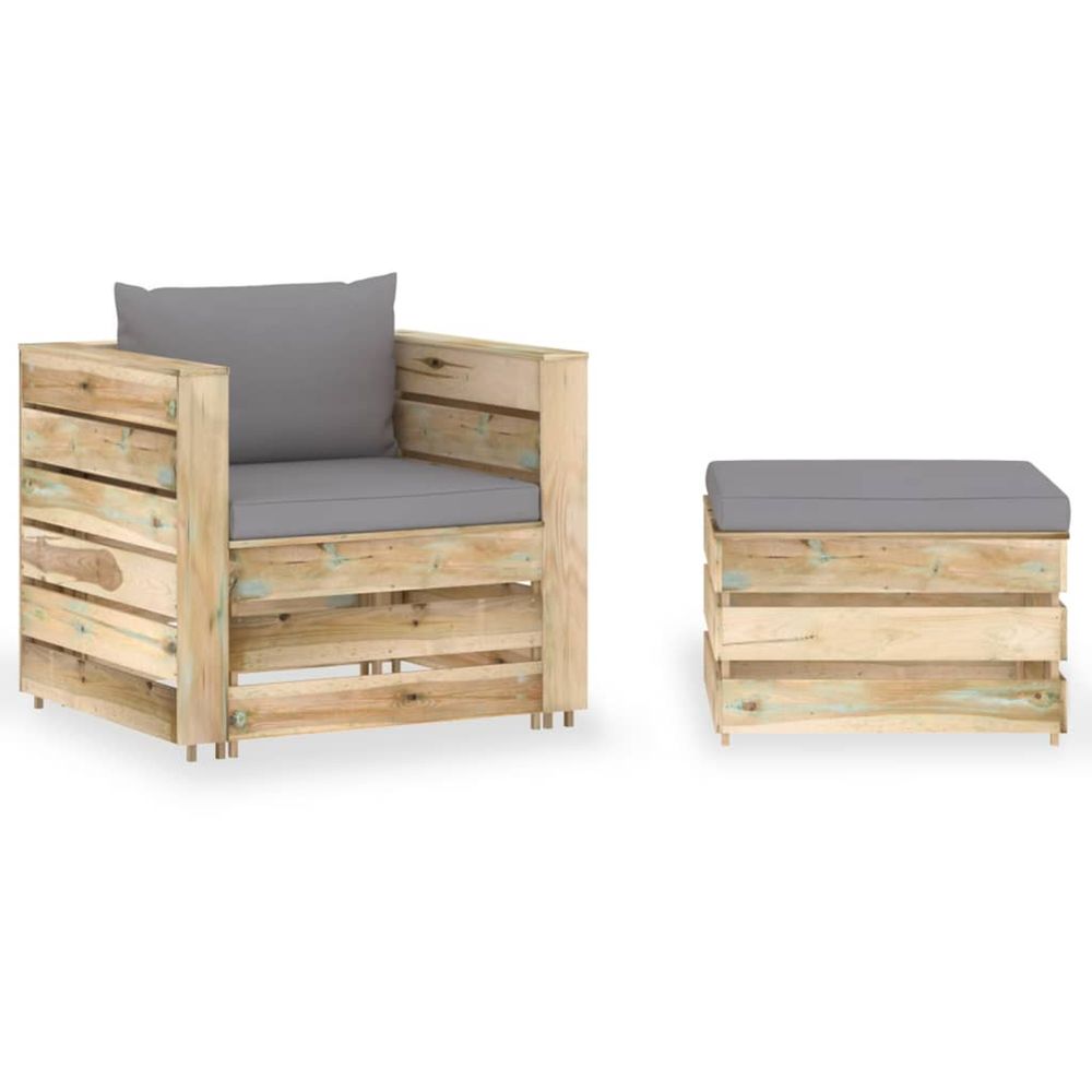 Salon de jardin 2 pcs avec coussins bois imprégné de vert