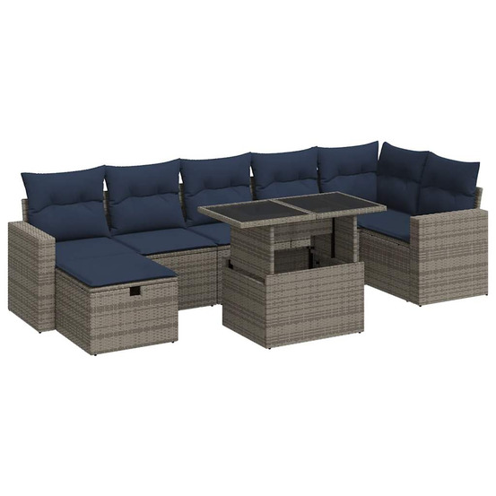 Salon de jardin 8pcs avec coussins gris résine tressée acacia