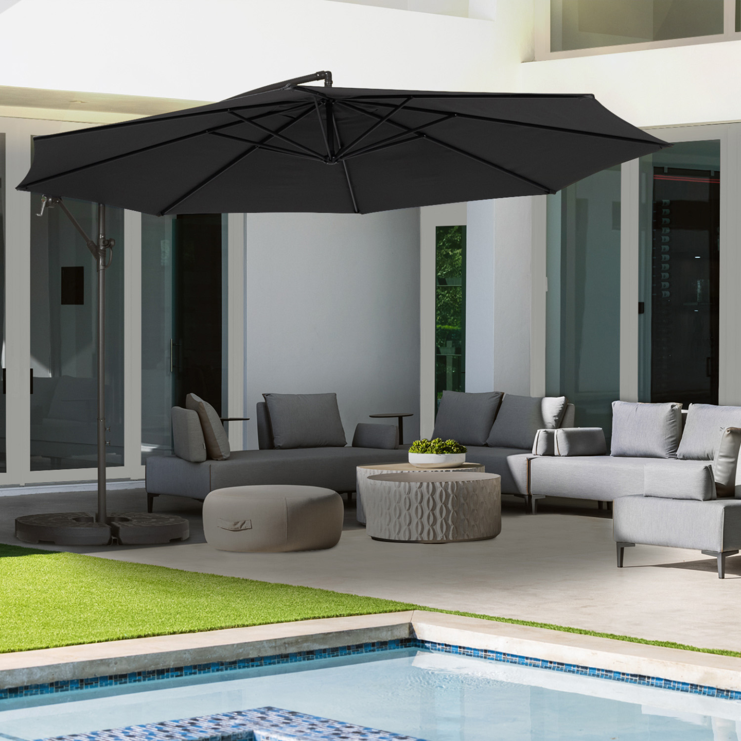 Parasol déporté rotatif 360 ajaccio gris d.3,5m avec 4 dalles et housse