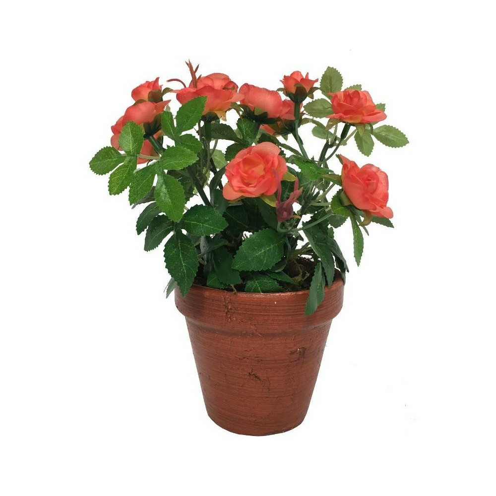 Rosier plante fleur artificielle extérieur cimetière tissu corail 23cm
