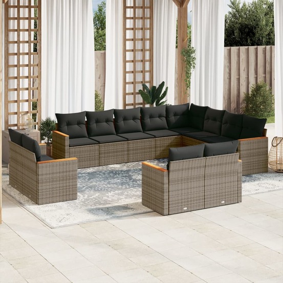 Salon de jardin avec coussins 12 pcs gris résine tressée