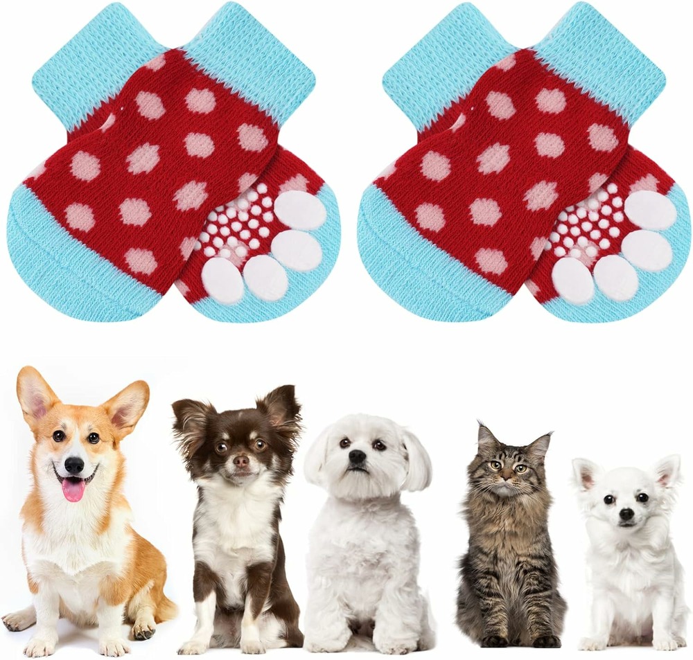Chaussettes anti-dérapantes chien chat motif patte rouge bleu m