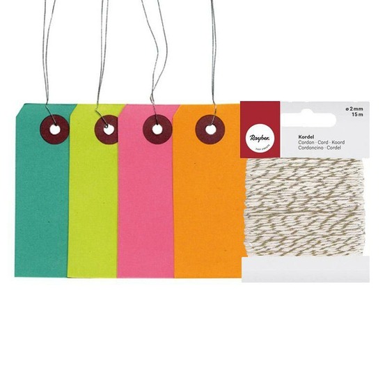 Etiquettes de couleur 9 cm avec fil métal + ficelle dorée & blanche 15 m