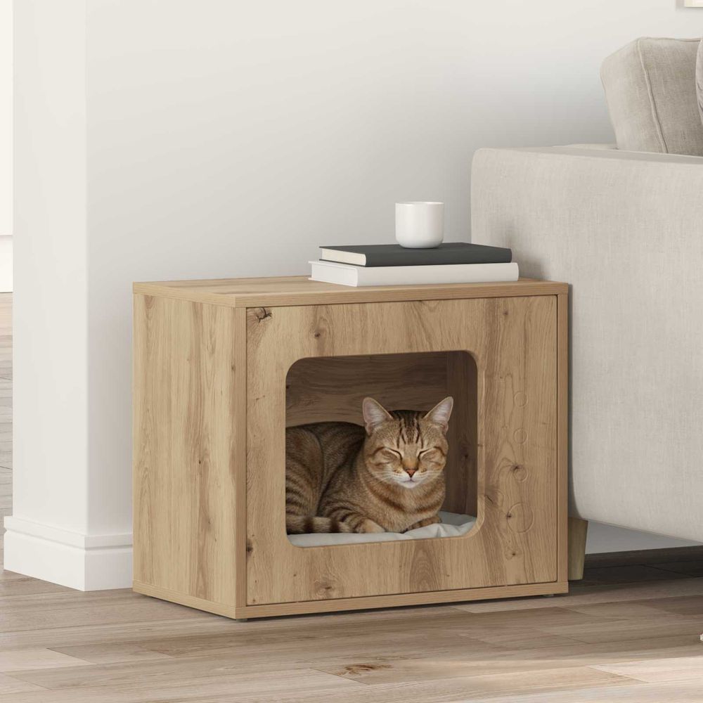 Maison chat artisanale bois chêne repos brun 51cm pour chat tradition