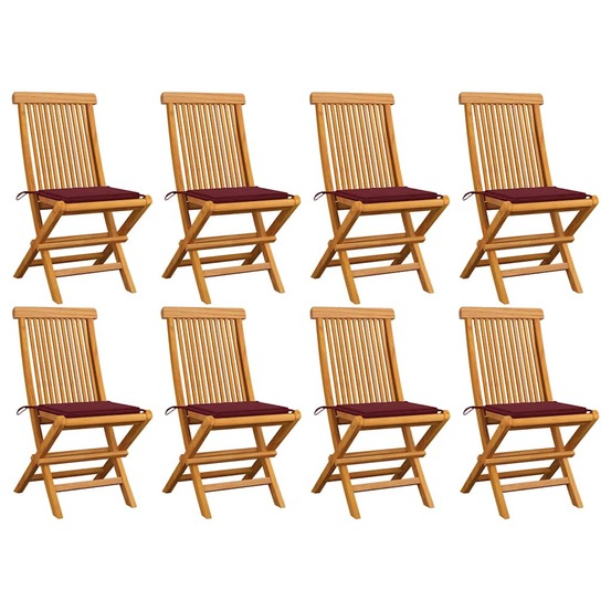 Chaises de jardin avec coussins bordeaux lot de 8 teck massif