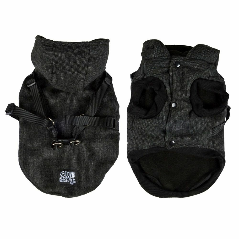 Love story - manteau chien tweed - capuche, harnais avec doublure polaire 45 anthracite