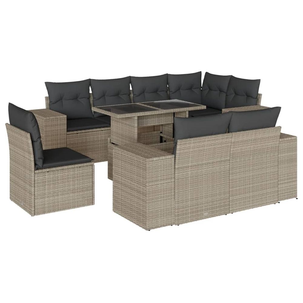Salon de jardin 9 pcs avec coussins gris clair résine tressée