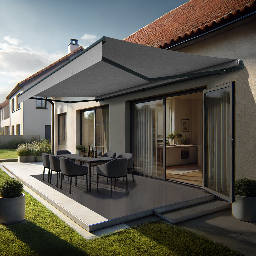 Store banne monobloc alaska (manuelle - gris clair - gris anthracite - 4,80 x 3,00m)