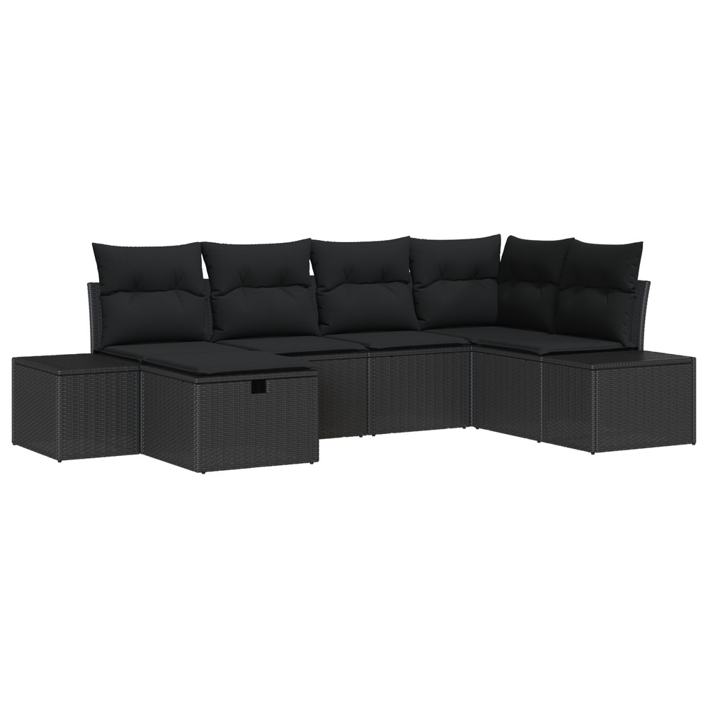 Ensemble de canapé de jardin 6 pièces avec coussins noir en poly rattan