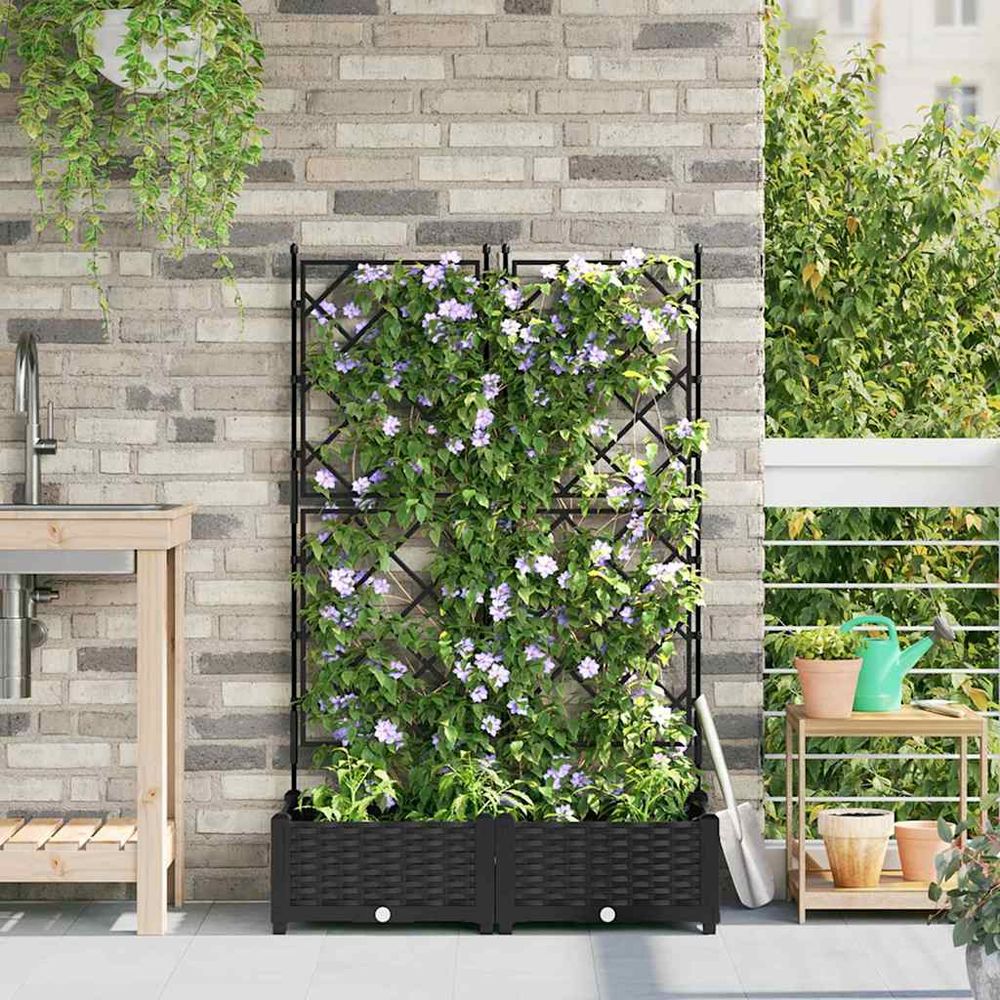 Lot de 2 jardinières avec treillis en pp pour plantes grimpantes jardin terrasse noir