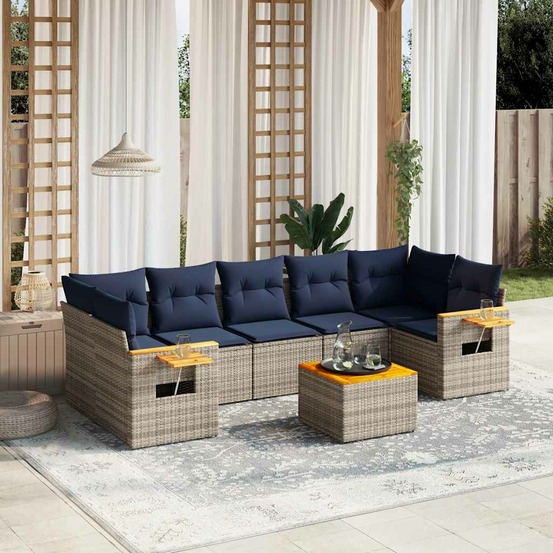 Salon de jardin 8 pcs avec coussins gris résine tressée