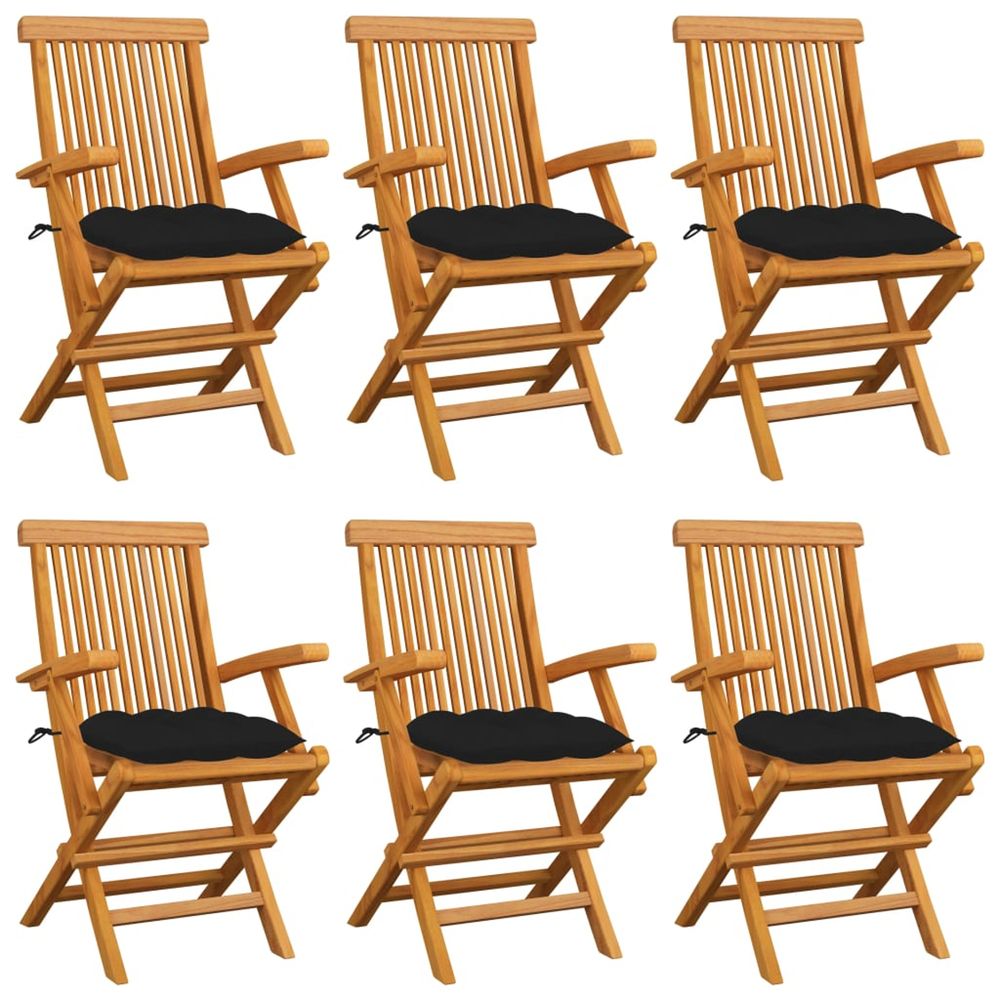 Chaises pliantes avec coussins noirs, 6 pièces, en teck massif