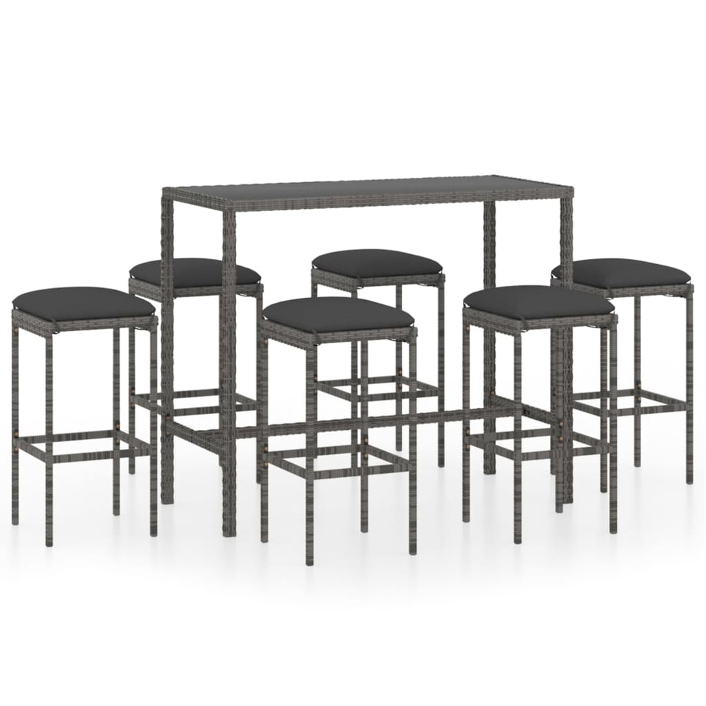 Ensemble de bar de jardin 7 pcs et coussins résine tressée gris