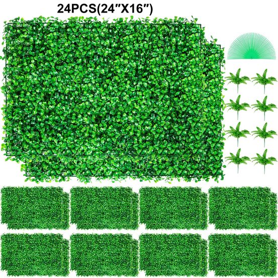 Panneaux de buis artificiels 60x40 cm, lot de 24, haie réaliste anti-uv, décoration murale intérieur extérieur