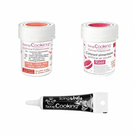 2 colorants alimentaires corail-rose + stylo glaçage noir