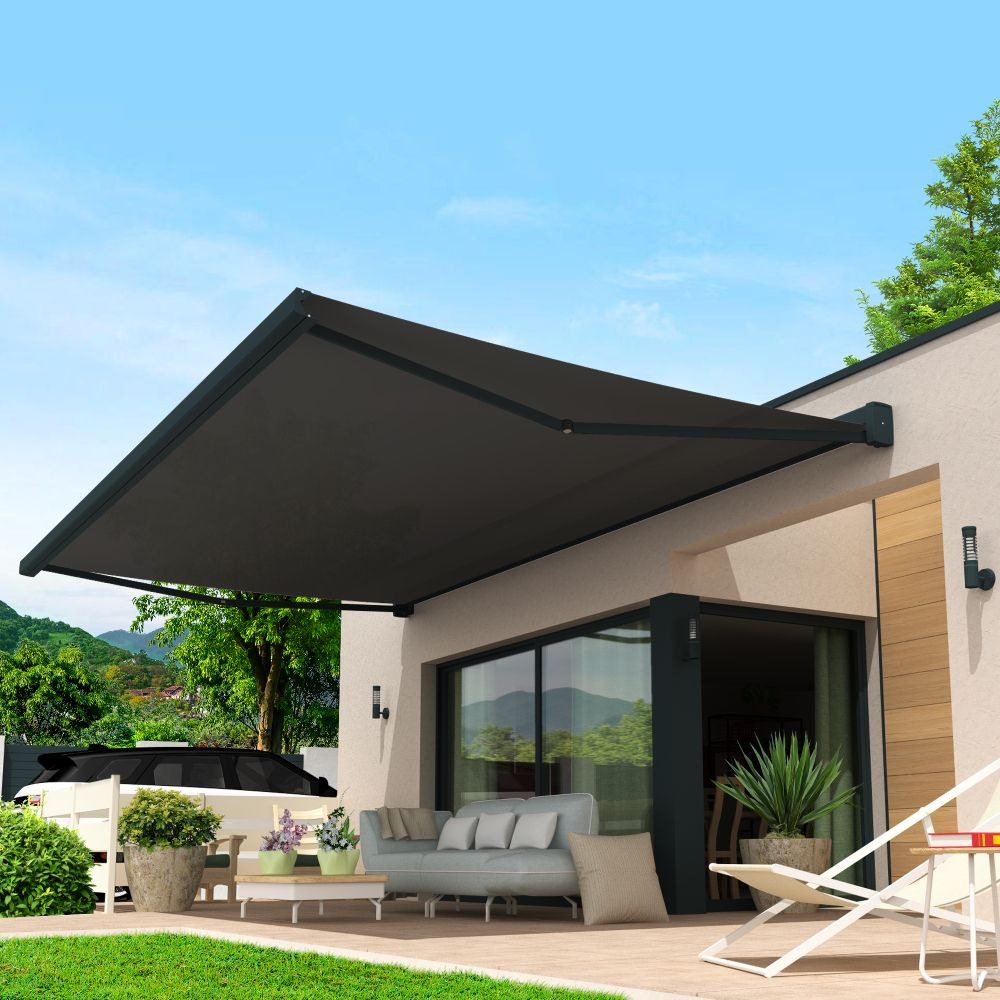 Store banne coffre intégral lebron 4,00x3,50 m (motorisé secours à télécommande + led - gris anthracite ral7016st - mp gris)