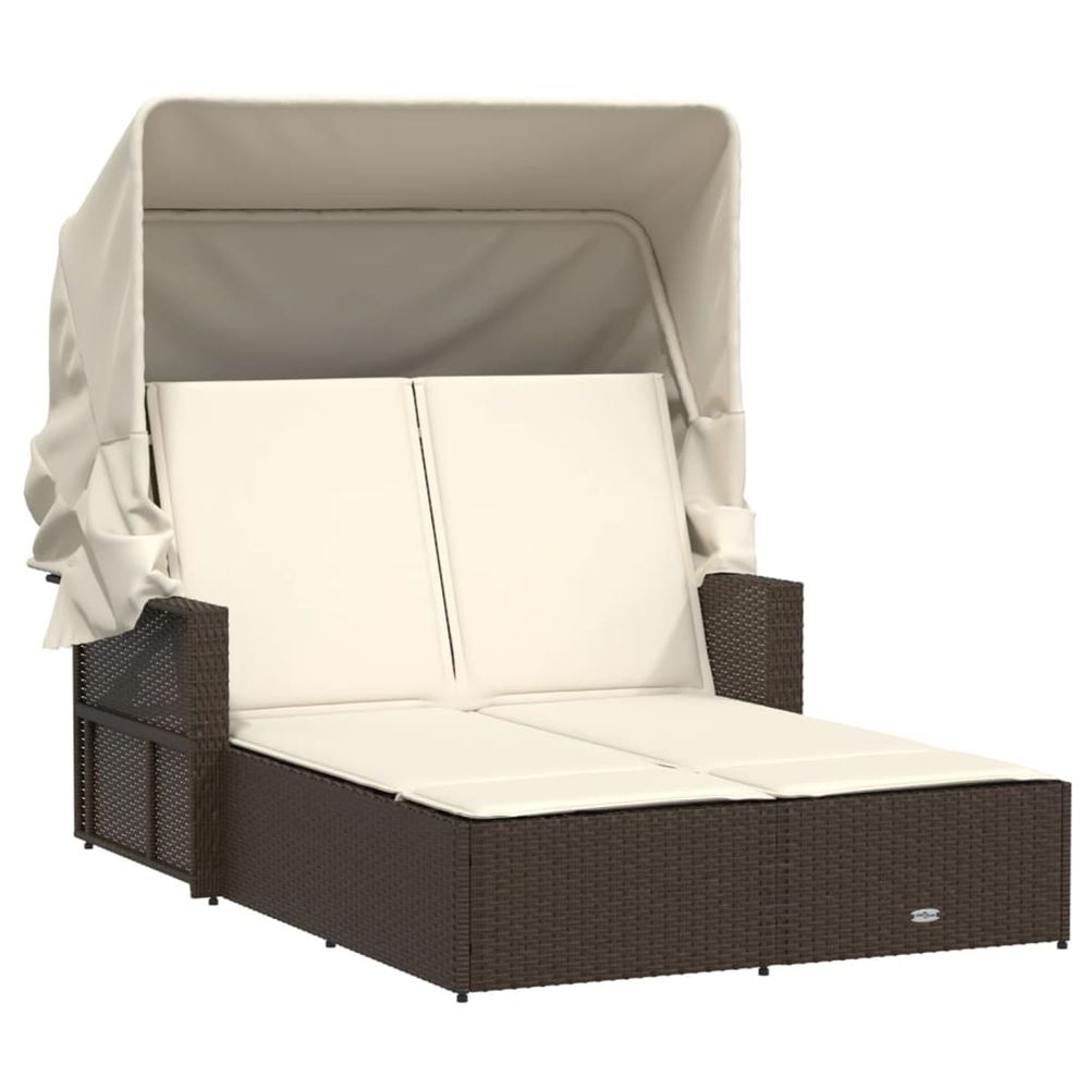 Chaise longue double avec auvent et coussins marron poly rotin bain de soleil