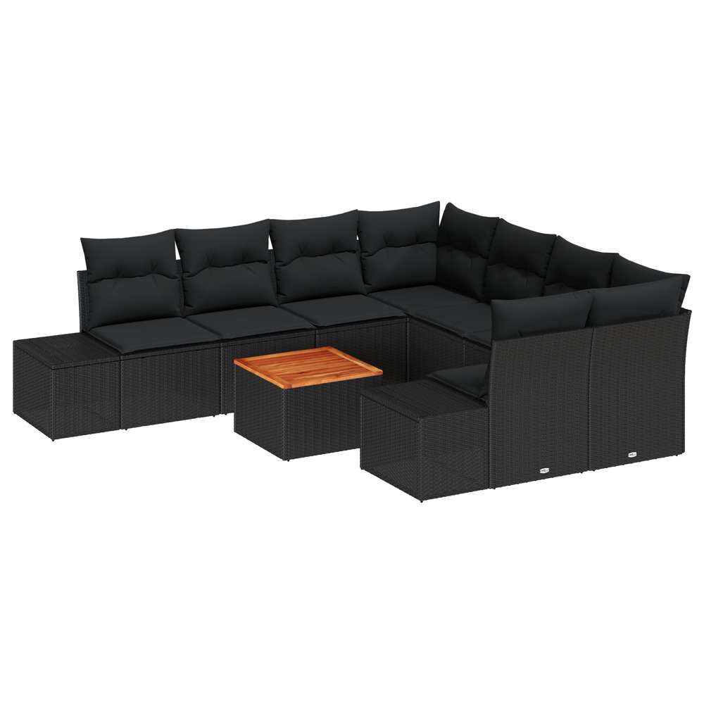 Ensemble de canapés de jardin de 9 pièces avec coussins noir poly rattan acacia