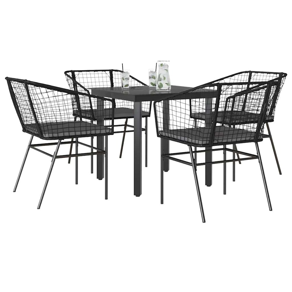 Ensemble à manger de jardin et coussins 5 pcs noir rotin verre