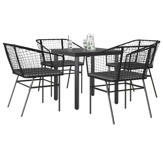 Ensemble à manger de jardin et coussins 5 pcs noir rotin verre