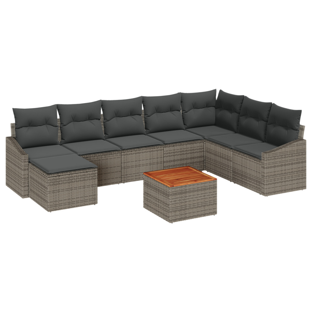 Ensemble canapé de jardin de 9 pièces avec coussins gris poly rattan acacia