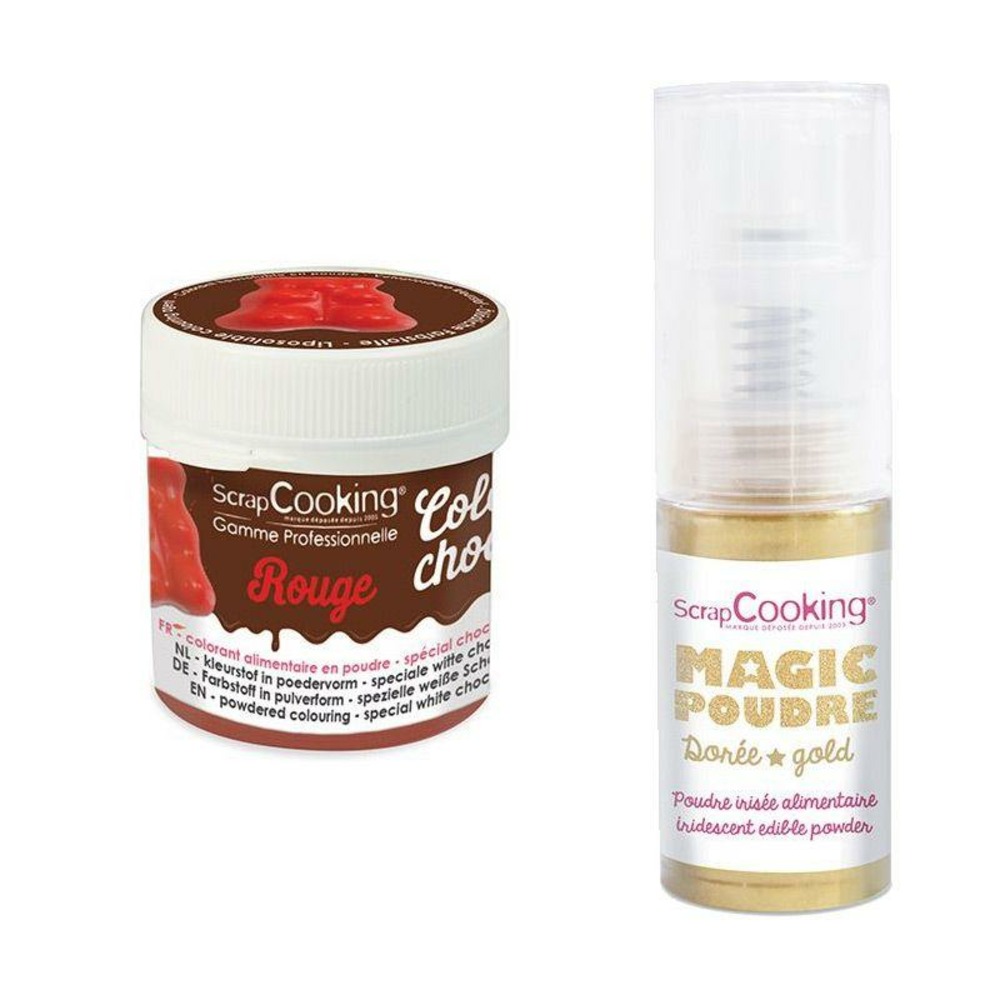 Colorant alimentaire liposoluble color'choco 5 g rouge + poudre alimentaire irisée dorée