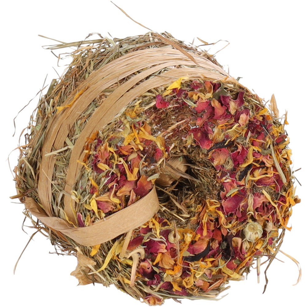 Friandises donut de foin aux fleurs de pissenlit & pétales de rose ø 9 cm p