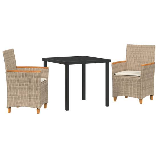 Ensemble de salle à manger de jardin 3 pièces avec coussins en rattan poly beige