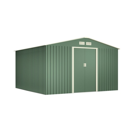 Wasabi - abri de jardin métal 10,2m² light green – porte coulissante double, grilles de ventilation, rangement