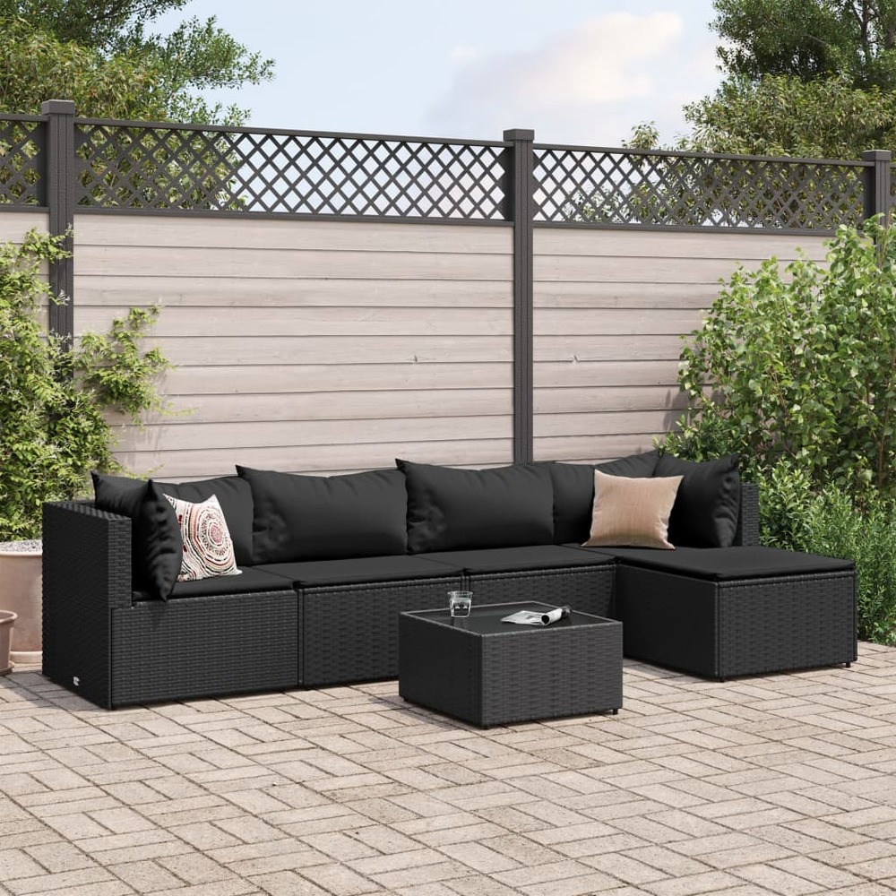 Salon de jardin 6 pcs avec coussins noir résine tressée